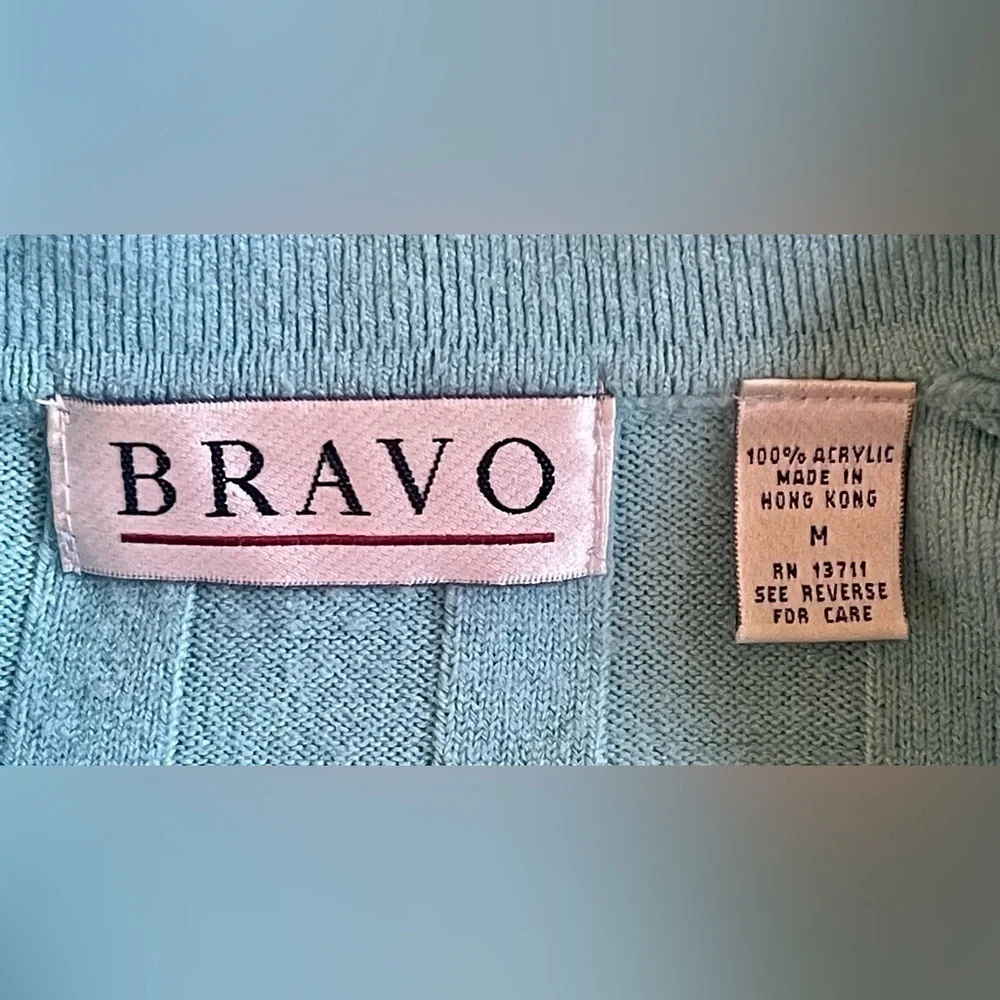 ⭐️Vintage 80s- 90s Bravo Sweater Size M Seafoam Collared Vertical Green Blue - Picture 2 of 8